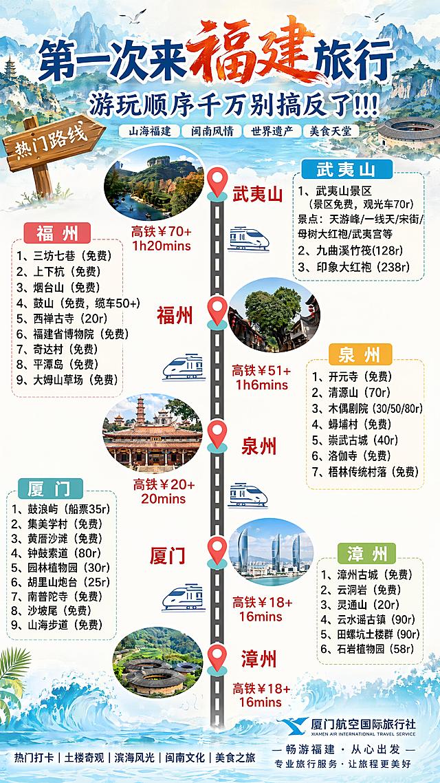 福建旅游攻略竖版海报，主题是第一次去福建旅行游玩攻略，参考原图版式骨架，保留原图的路线结构和信息分区，完整保留武夷山、福州、泉州、厦门、漳州五个城市的景点名称、交通费用和门票价格信息，设计风格统一清新，配色贴合福建山海文化特色，使用高清景点图片和清晰图标，信息清晰易读，右下角自然融入厦门航空国际旅行社品牌Logo和宣传语，优化融入福建旅游相关关键词，整体美观具有视觉冲击力，尺寸适配手机端浏览，主标题为"第一次来福建旅行"，副标题为"游玩顺序千万别搞反了!!!"，画面清晰，文字全部清晰可读，版式精美