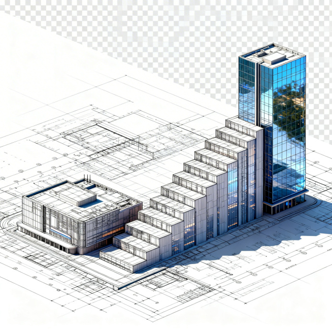 2.5D立体建筑设计图纸，未来风格阶梯状大厦，左边低右边高，图纸结构清晰，线条丰富细腻，建筑从左到右逐渐实体化，右侧大厦为实景，玻璃幕墙闪闪发光，透明背景PNG格式预览效果