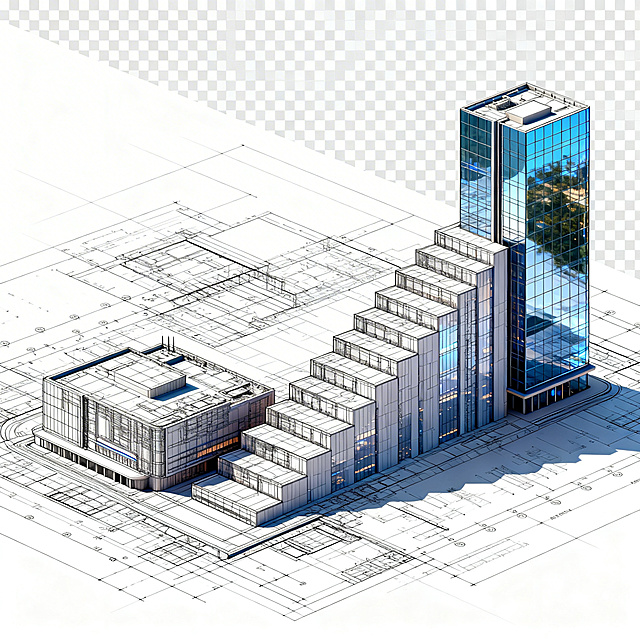 2.5D立体建筑设计图纸，未来风格阶梯状大厦，左边低右边高，图纸结构清晰，线条丰富细腻，建筑从左到右逐渐实体化，右侧大厦为实景，玻璃幕墙闪闪发光，透明背景PNG格式