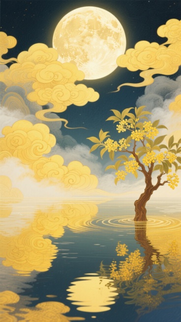创建一个宁静和梦幻般的插图与柔和，温暖的黄色调色板。在顶部中央有一个巨大的满月，散发出柔和的光芒。在它的下方，描绘了一个平静的水体，完美地反射了月亮，创造了一个对称的金色反射和微妙的涟漪。在水的右边，预览效果