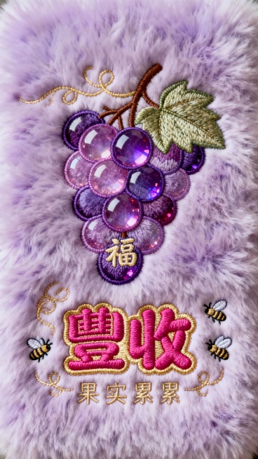发财主题毛绒刺绣壁纸，淡紫色毛绒背景，一串晶莹卡通紫色葡萄，深紫浅紫渐变装饰，葡萄叶下绣小“福”字，下方玫红色“豐收”圆润可爱字体，边缘金色轮廓线，文字周围小标题“果实累累”，点缀金色藤蔓、小蜜蜂元素预览效果