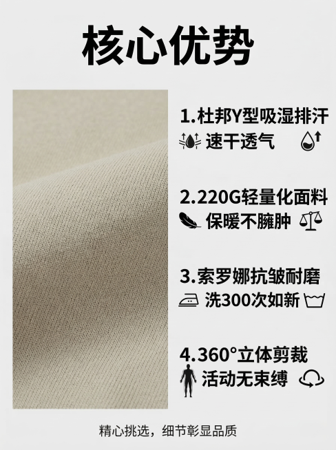 拼多多男装卫衣详情页第2张，竖版750*1000尺寸，风格和主图统一。顶部黑色粗体标题「核心优势」，左侧搭配卫衣面料细节特写，右侧分点清晰列出卖点：1. 杜邦Y型吸湿排汗 速干透气；2. 220G轻量预览效果
