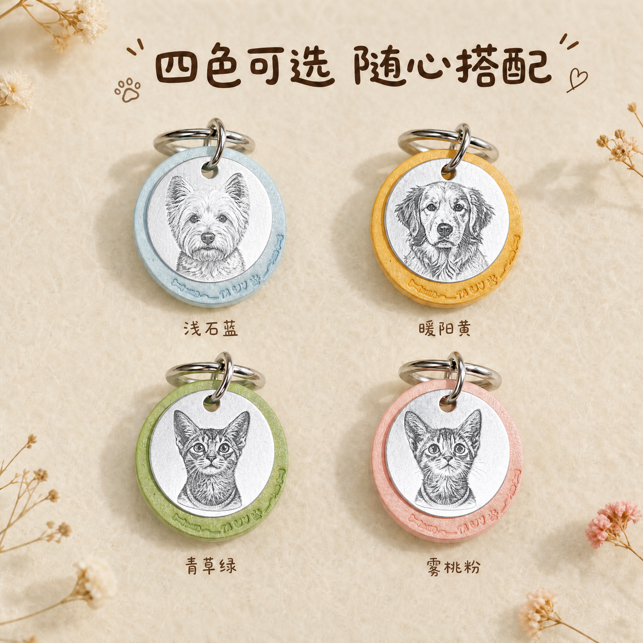 将图中四个宠物铭牌的金属牌雕刻图案分别替换为对应参考图中的宠物… - 图片创意预览