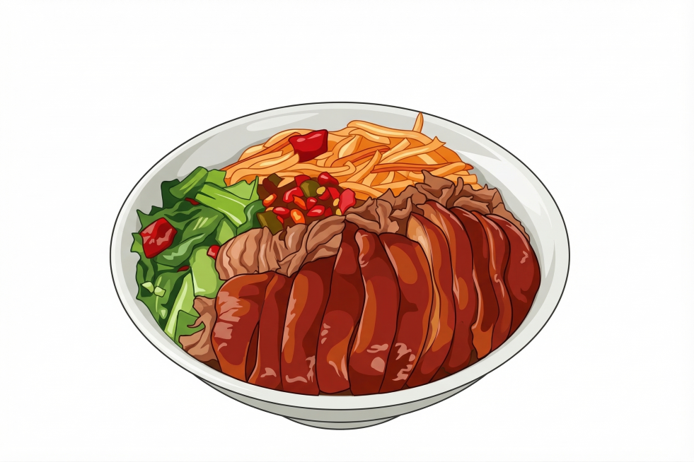 将这张猪脚饭图片重新转换为矢量风格图片，保留食物和配菜的细节，线条清晰干净，颜色还原准确预览效果