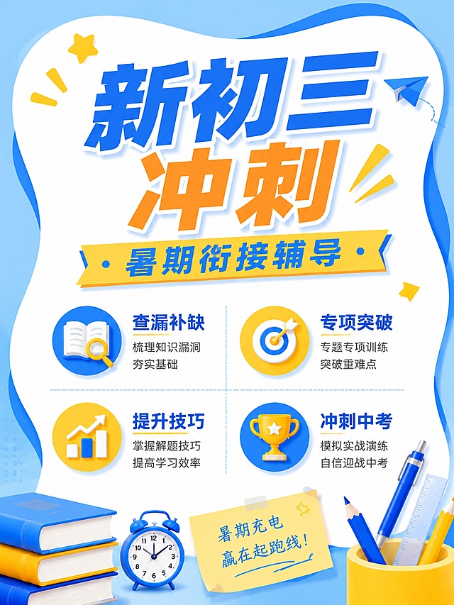 参考图片的蓝黄配色和信息布局风格，招生海报，主标题"新初三冲刺"，副标题"暑期衔接辅导"，四个卖点：查漏补缺，专项突破，提升技巧，冲刺中考，图标+四宫格卖点布局，蓝黄清新风格，3:4比例，文案清晰完整，画面高清，版式精美