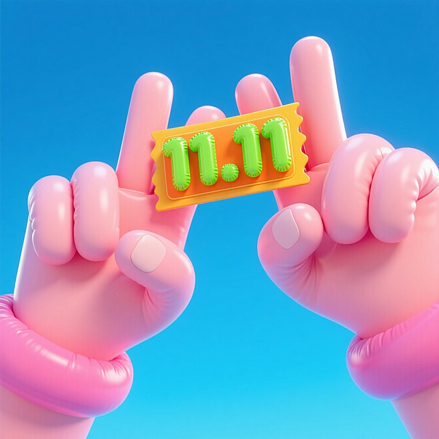 软3D风卡通双手比耶，手持充气感“11.11”票券，糖果色系搭配波普艺术元素，甜蜜可爱，引爆双11狂欢氛围。