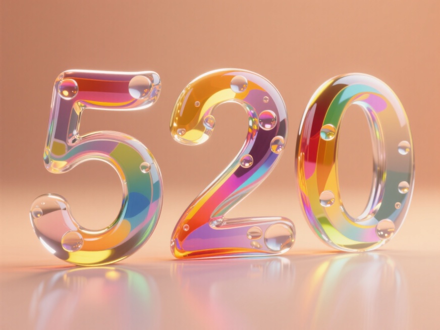 以玻璃工艺展现 “520”，数字犹如由吹制的彩色玻璃拼接，线条流畅且带有玻璃特有的透明质感与气泡。字母在光线下折射出斑斓色彩，纯色暖色系背景，正面视角预览效果