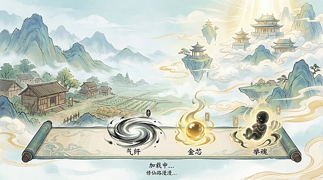 根据参考图风格，重新生成一个场景，作为修仙游戏的loding加载图，想法大胆点有趣不要跟市面上很多一样。底部有个加载进度条，进度条可以设计比较有趣比如：方案一：叙事沉浸派 —— “问道长生图”理念：进度条即是一幅徐徐展开的修仙长卷。视觉：一幅横向的古典水墨卷轴。最左是“肉体凡胎”的人间景象，最右是“霞举飞升”的仙境。
· 交互：随着境界提升，卷轴上会动态浮现与该境界相关的标志物（如炼气期出现“气旋”，金丹期浮现“金丸”，元婴期坐下一个“婴儿小人”）。