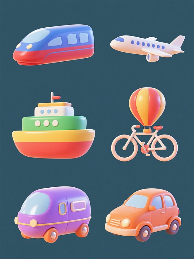 6个不同3D卡通风格交通工具系列素材集合，包括高铁、飞机、轮船、汽车、自行车、热气球，每个交通工具保持圆润流畅的造型，表面有光滑的渐变色彩（分别为蓝色、红色、黄色、绿色、紫色、橙色），带有简洁的线条装饰和高光效果，纯色背景（与交通工具颜色形成和谐对比），所有元素规整排列成两行三列的网格布局，整体设计简洁明快，充满动感和童趣。
