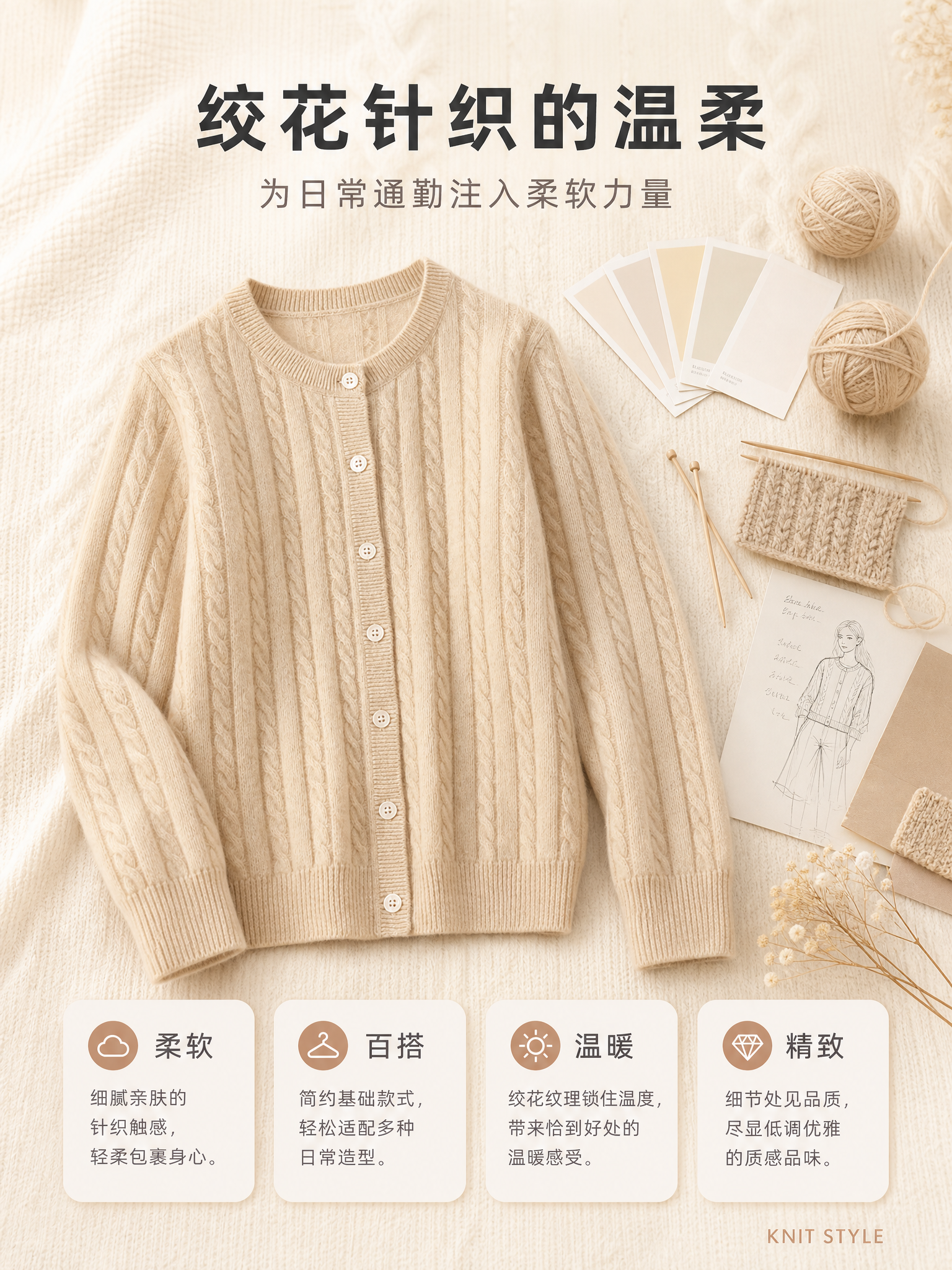 [商品] 使用【图1】浅米色圆领绞花针织开衫；商品处理：保留圆… - 图片创意预览