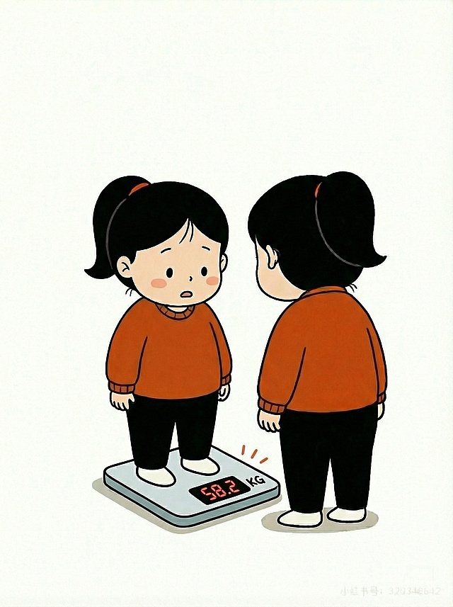 保持人物形象和画风一致性，绘制该人物站在电子秤上低头看重量的画面