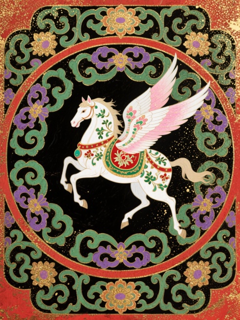 岩彩画风格新中式传统纹样风格插画，高饱和度对比色调，平涂式岩彩肌理，俯视视角，中心对称式圆形构图，岩彩画。主体是一匹占画面核心 40% 比例的白色翼马，呈昂首奔腾姿态，朝向画面左侧，翼马身披红、绿、金预览效果