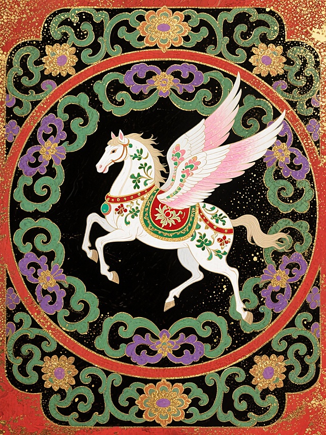 岩彩画风格新中式传统纹样风格插画，高饱和度对比色调，平涂式岩彩肌理，俯视视角，中心对称式圆形构图，岩彩画。主体是一匹占画面核心 40% 比例的白色翼马，呈昂首奔腾姿态，朝向画面左侧，翼马身披红、绿、金三色缠枝花卉纹样，翅膀为粉白渐变羽纹，整体造型华丽。翼马悬浮于满铺的传统卷草纹与宝相花纹样之上，背景为纯黑底色，纹样以绿、紫、红、金为主色，呈漩涡式环绕分布，外围是红金配色的圆形边框。元素间以色彩呼应与纹样重复形成统一的视觉韵律，整体营造出浓郁的东方古典装饰美感，翼马作为视觉焦点被纹样紧密包裹，形成主体与背景的深度融合。