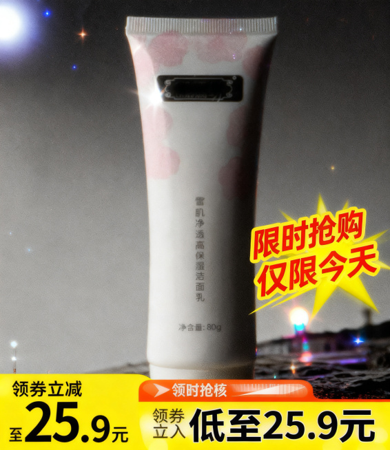 3D渲染，雪肌净透高保湿洁面乳，保留白色软管包装和淡粉色花卉纹理，光影柔和，在画面角落添加黄色“限时抢购 仅限今天”动态促销标签，底部添加“领券立减 低至 25.9 元”价格横幅，ins风护肤产品，营预览效果