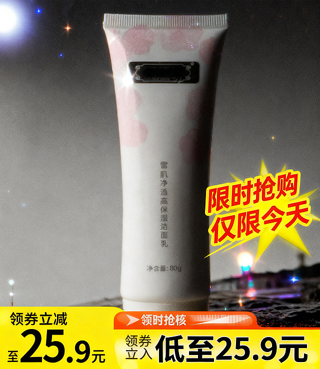 3D渲染，雪肌净透高保湿洁面乳，保留白色软管包装和淡粉色花卉纹理，光影柔和，在画面角落添加黄色“限时抢购 仅限今天”动态促销标签，底部添加“领券立减 低至 25.9 元”价格横幅，ins风护肤产品，营造促销氛围，高清无噪点