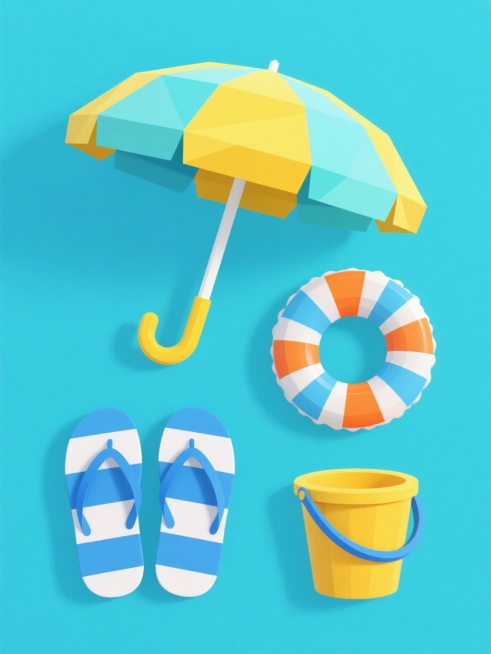 一张采用低多边形风格设计的系列素材集合海报，画面规整排布四个完全不同的夏日海滩元素，分别是：一把由黄色、浅蓝色和浅绿色色块拼接而成的遮阳伞，伞面边缘有明显的棱角切割感，伞柄为黄色带白色弯钩；一个橙蓝相间条纹的充气游泳圈，表面光滑无纹理，色彩明快；一双蓝白相间的人字拖，鞋底厚实，鞋带为蓝色；一个黄色的沙滩桶，桶口有一圈蓝色装饰边。所有元素均以纯色背景衬托，保持统一的低多边形艺术风格，色彩鲜亮明快……预览效果