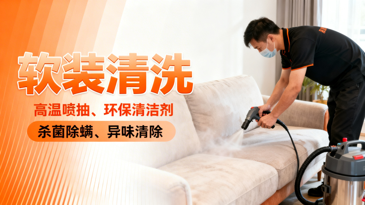 修改已有图片：调整所有文字的字体颜色，将下方两行文字"高温喷抽、环保清洁剂"和"杀菌除螨、异味清除"的字体进一步放大，保持橙白左至右渐变背景、沙发清洁照片融合效果，整体保持层次感预览效果