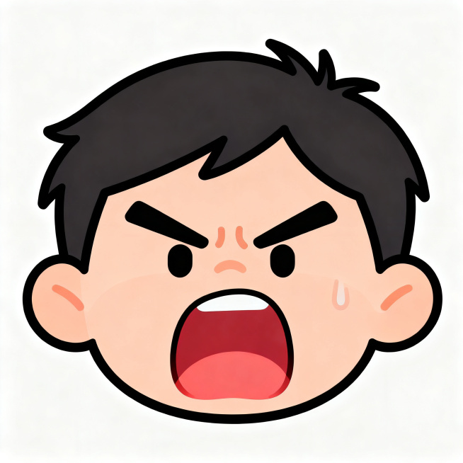 一个男生正在发火的卡通表情，简约卡通风格，男生面部表情愤怒，眉头紧皱嘴巴大张，情绪激动，背景是纯白色，线条干净，色彩明快预览效果