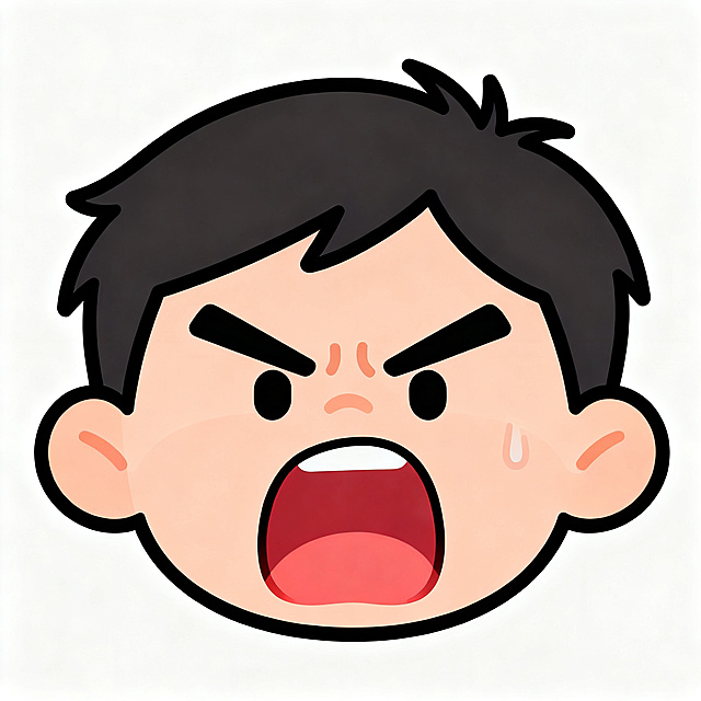 一个男生正在发火的卡通表情，简约卡通风格，男生面部表情愤怒，眉头紧皱嘴巴大张，情绪激动，背景是纯白色，线条干净，色彩明快