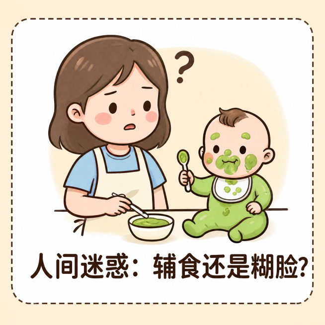 提取出第三张表情包，内容是宝妈喂宝宝辅食，人间迷惑，保留完整的图案和文字人间迷惑：辅食还是糊脸?，背景保持浅黄色，正方形尺寸，清晰度不变，保留虚线边框预览效果