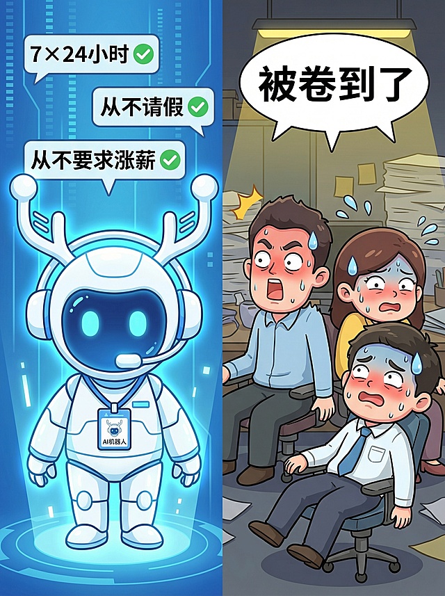 左右对比趣味插画，3:4构图。左侧：使用参考图中的联鹿AI机器人形象，保留原头部造型不变，机器人佩戴工牌，身后显示三个标签"7×24小时"、"从不请假"、"从不要求涨薪"，每个标签带有绿色对勾，整体带有亮蓝色光效。右侧：三个人类员工瘫坐在椅子上，表情震惊嫉妒，头上冒汗，背景有"被卷到了"的对话框。幽默卡通风格，明亮色彩，圆润线条，画面轻松有趣