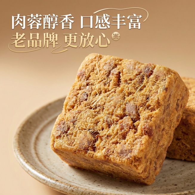 高级质感电商主图，特写冠生园肉蓉味压缩饼干，饼干表面清晰可见肉蓉颗粒，背景搭配浅棕色渐变质感背景，添加文案"肉蓉醇香 口感丰富""老品牌 更放心"，画面精致有食欲预览效果