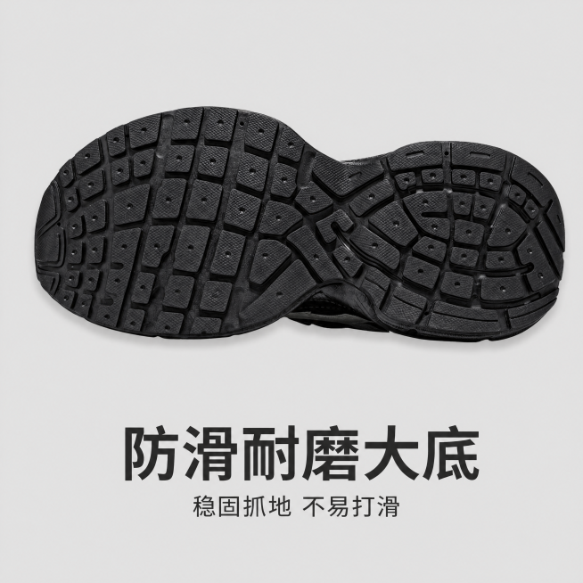 [主图-4] 内增高5厘米老爹鞋，防滑鞋底细节展示主图。
[氛围风格] 高级轻奢质感，功能细节展示。
[画质] 商业摄影质感、光线柔和通透、产品清晰真实、画面干净高级。
[元素] 完整展示老爹鞋的鞋底预览效果