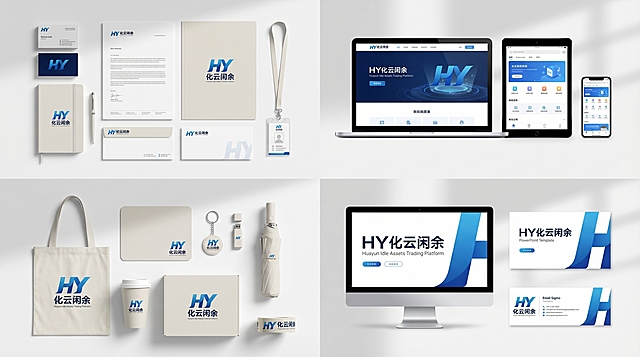 根据提供的HY化云闲余logo设计品牌VI样机，使用统一浅色调简约风格背景，每个VI样机单独分区清晰生成，制作真实写实样机效果，风格年轻化、现代、活泼、简洁大方，保持整体尺寸16:9，包含不少于15项行政系统样机和全套多媒体办公系统样机，保持logo不变形