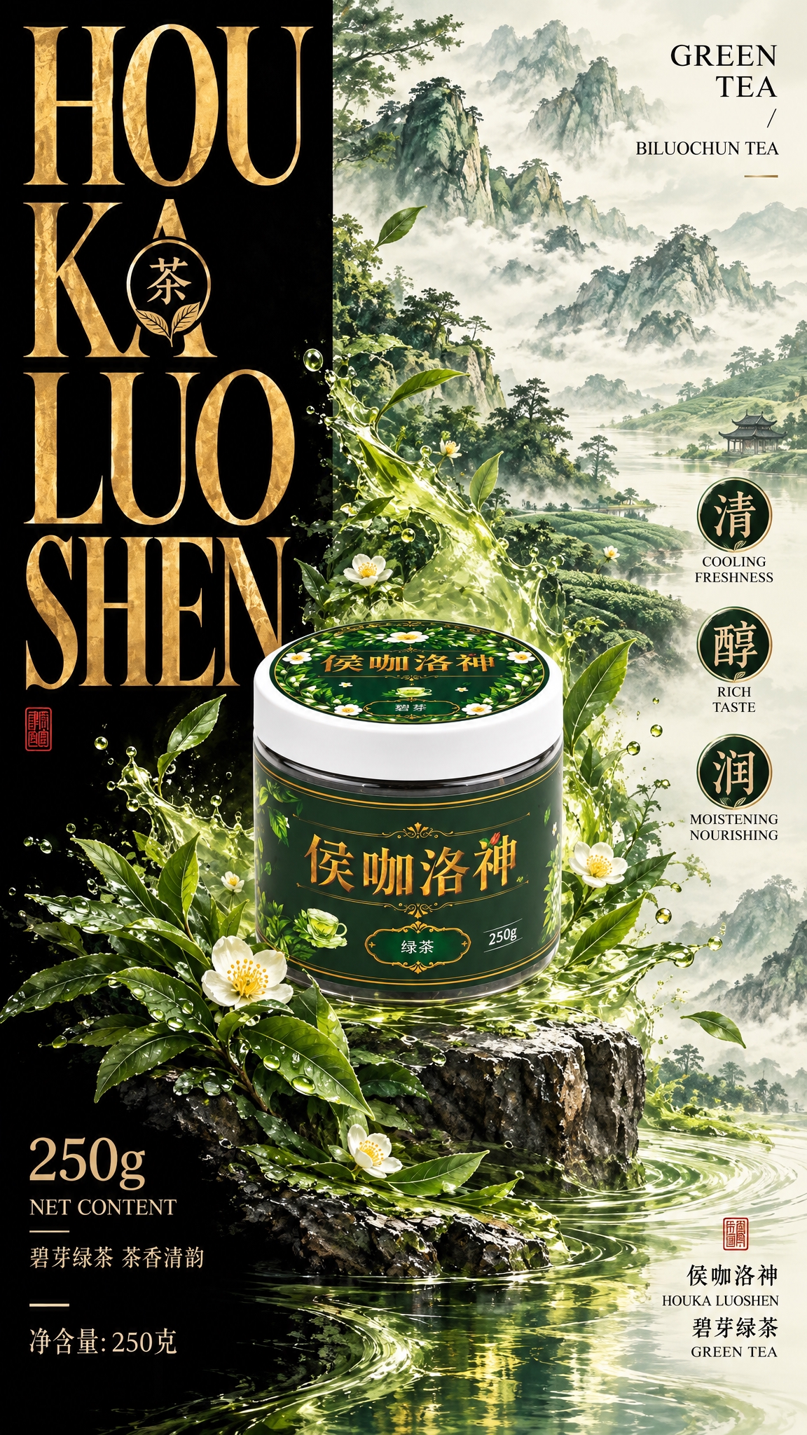 电商商品海报，9:16竖版，国风水墨高端风格，黑金配色，绿茶茶… - 图片创意预览