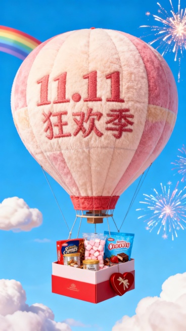 一个带有主体配色的大型热气球，吊篮为礼盒样式，礼盒里放着图中所有物品，气球上绣着“11.11 狂欢季”，背景展示高饱和蓝天、彩虹、云朵、烟花等元素，营造出活泼、精致的氛围。预览效果