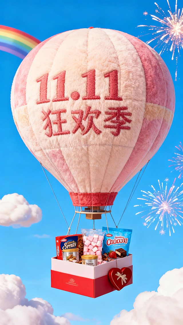 一个带有主体配色的大型热气球，吊篮为礼盒样式，礼盒里放着图中所有物品，气球上绣着“11.11 狂欢季”，背景展示高饱和蓝天、彩虹、云朵、烟花等元素，营造出活泼、精致的氛围。
