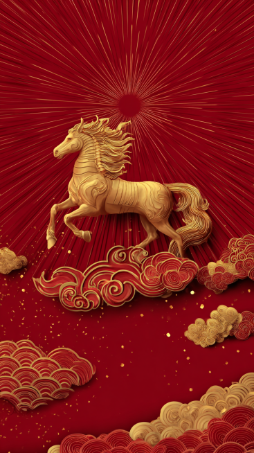 国潮电商海报，仰视构图，红色渐变背景从深红到朱砂红，中心位置一匹3D鎏金骏马昂首奔腾踏破云层，马身缠绕金色闪电特效，马尾扬起金色粒子。顶部边缘点缀传统祥云纹与LED灯串效果。光线从马身后方放射状照射，预览效果