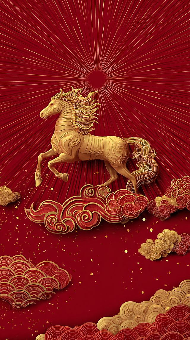 鎏金骏马踏祥云，重拟物浮雕工艺，红金交织国潮风，尽显中式奢华与喜庆年味。