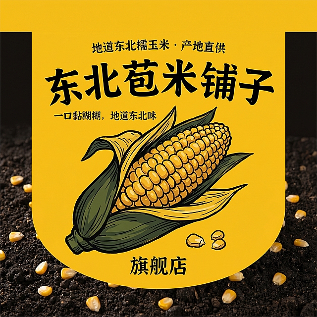 设计一个1:1正方形的电商logo，主色调为深黄+墨绿+黑色，模拟玉米、苞叶和东北黑土地，接地气有辨识度。画面中心是手绘风格的饱满东北糯玉米穗，带有苞叶，露出几颗金黄玉米粒；logo上方是加粗手写体店名“东北苞米铺子”，下方标注小字“旗舰店”；背景是浅棕色黑土地纹理，点缀几颗散落的玉米粒。整体风格简洁，缩小后仍可清晰识别店名和玉米元素，包含辅助文字：“地道东北糯玉米 · 产地直供”和可选 slogan“一口黏糊糊，地道东北味”