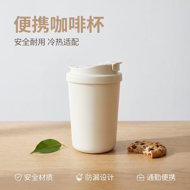 [主图-1] 通勤便携咖啡杯首图。
[氛围风格] 简约干净的现代家居桌面氛围，明亮通透，实用高级感。
[画质] 商业摄影质感、光线柔和通透、产品清晰真实、画面干净高级。
[元素] 米白色咖啡杯居中放置预览效果
