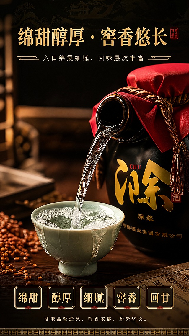 [商品] 使用【图1】百年滁酒黑坛酒瓶及倒出酒液；保留黑色坛身、金色"滁"字、红布封口的全部外观特征；商品处理：清晰化瓶身，增强酒液清透质感与挂杯效果。
[画面] 目标：口感质地特写，呈现绵甜醇厚、窖香浓郁的味觉联想。中心构图，画面主体为一只青瓷酒杯，百年滁酒正从坛中缓缓倒入杯中，酒液清透如玉，酒花细密，杯壁挂杯明显，酒液在杯中形成优美弧线。旁边半侧露出黑坛酒瓶，产品+酒杯占画面60%。背景为深木色桌面虚化，暖光侧打，凸显酒液的通透感与质感。前景有几粒高粱、一小片古纸作为点缀。
[视觉] 套系策略：风格=东方雅致国风高端白酒商业摄影；标题字=书法宋体粗体；正文字=现代宋体细体；主色=深墨黑+暗金；背景延展=基于深墨黑做渐变层次、暗金纹理、中式山水意境底纹；强调色=朱砂红，仅用于小面积印章、标签、点缀光效；标题色=暗金色；正文色=米白浅金；组件=暗金细线引线、朱砂红印章式标签、中式回纹边框；光影=左前侧暖金柔光，侧逆光勾勒产品轮廓。
[文字] 上方主标题：绵甜醇厚 · 窖香悠长；副标题：入口绵柔细腻，回味层次丰富；下方配5个口感关键词卡片：绵甜 | 醇厚 | 细腻 | 窖香 | 回甘；底部小字说明：酒液晶莹透亮，窖香浓郁，余味悠长。全部横排，字号清晰，不遮挡酒液主体。
[规格] 图片比例9:16竖版，4K分辨率，京东平台适配，避免变形、错字、文字过小、冷蓝背景、酒液失真、极限词。