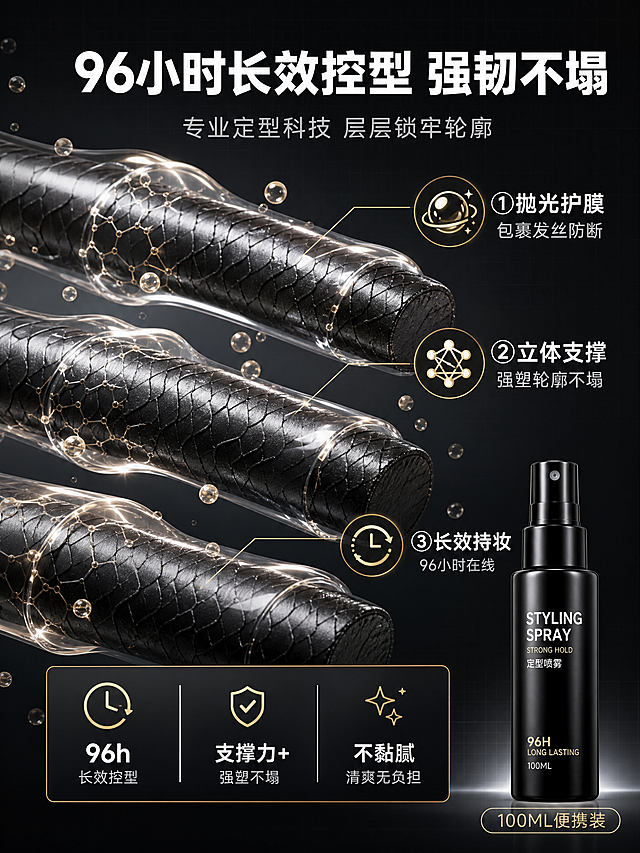 [商品] 本页为成分机理专页，可不使用产品图垫图；若出现产品小图，外观须与【图1】黑色定型喷雾瓶身完全一致。
[画面] 详情页第2张·成分功效·机理示意型，目标是可视化96小时长效控型的定型原理。竖版构图，画面主体为放大的发丝3D结构示意图，展示定型喷雾分子在发丝表面形成均匀保护膜的微观机理；多根发丝横向排列，表面覆盖一层透明光泽感定型膜，周围悬浮着细小的定型分子颗粒。背景为深灰黑色科技感渐变，带有细微网格线。底部右侧放置一小瓶定型喷雾产品作为商品归属。
[视觉] 套系策略：风格=高端专业美妆个护商业摄影；标题字=现代粗黑体；正文字=简洁无衬线体；主色=深邃黑；背景延展=基于黑色做深浅渐变、科技网格底纹；强调色=香槟金，仅用于小面积图标、引线、标签和分子高光；标题色=纯白；正文色=浅银灰；组件=细线引线、金色圆角标签、数据卡片；光影=科技感冷光+发丝表面高光，突出定型膜的透明光泽感。
[文字] 顶部主标题："96小时长效控型 强韧不塌"，白色大号粗体，居中；主标题下方副标题："专业定型科技 层层锁牢轮廓"，银灰色中号。画面中部用金色细线引线标注3个机理点："①抛光护膜 包裹发丝防断""②立体支撑 强塑轮廓不塌""③长效持妆 96小时在线"，每个标注点配圆形图标+白色文字说明。底部右侧产品旁标注："100ML便携装"。所有文字横排，层级清晰。
[规格] 图片宽度750px，高度1000px（3:4竖版），4K分辨率，文字手机端清晰可读；负向：产品变形、错字、医疗功效表述、生发防脱治疗表述、背景杂乱、水印、平台Logo、绝对化用语。