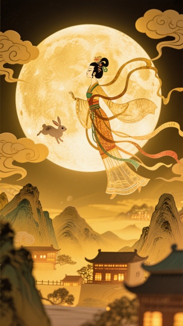画面中心是一轮巨大的圆月特写，身穿飘逸古装的女子嫦娥漂向月亮，月亮上有一只玉兔，底部用工笔风格描绘全景山峦叠嶂，山间有古今建筑，万家灯火透出渐变温暖的光影，周围有祥云装饰，整体为黄色调基底，营造浓厚的预览效果