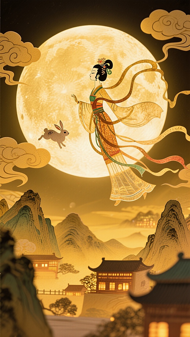 画面中心是一轮巨大的圆月特写，身穿飘逸古装的女子嫦娥漂向月亮，月亮上有一只玉兔，底部用工笔风格描绘全景山峦叠嶂，山间有古今建筑，万家灯火透出渐变温暖的光影，周围有祥云装饰，整体为黄色调基底，营造浓厚的中秋节日氛围