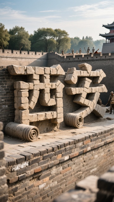 古城西安城墙上呈现气势磅礴的"西安"巨大的景观字，每个笔画由卷起翻滚的砖石组成，美丽的天空，树林远处隐约有一支考古队伍预览效果