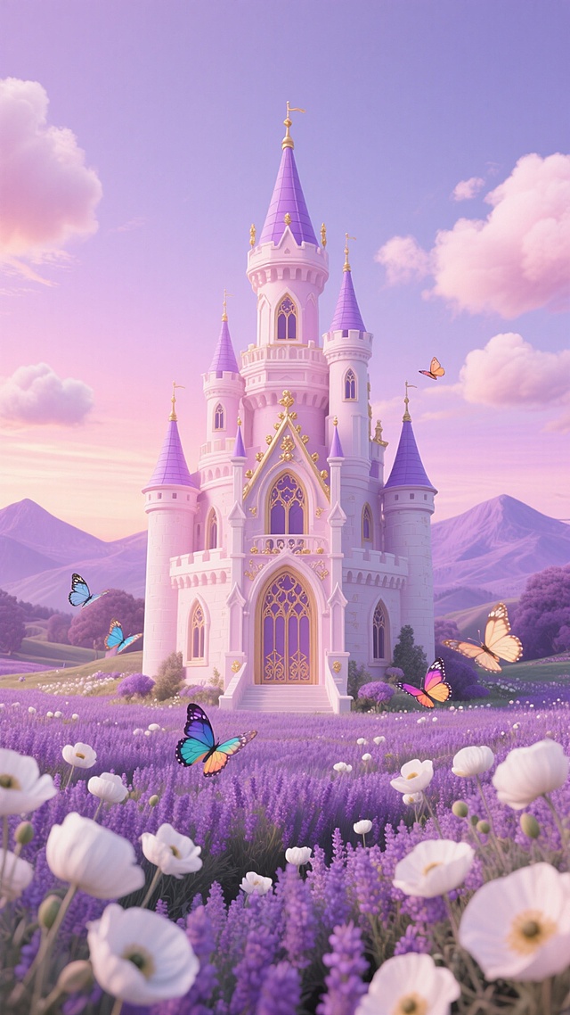 一座坐落在梦幻紫色薰衣草花田中央的华丽城堡，城堡主体采用粉白色调，搭配淡紫色尖顶塔楼和金色装饰细节，哥特式建筑风格，尖拱门窗，繁复雕花，周围环绕着盛开的白色虞美人，远处是连绵的淡紫色山峦，天空呈现出渐变的粉紫色黄昏，漂浮着棉花糖般的云彩，几只彩色蝴蝶在花丛中飞舞，整体画面浪漫唯美，光影柔和，色彩清新梦幻，具有童话般的意境和精致的3D渲染质感。