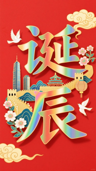 字体设计，“诞辰”字笔画进行解构用元素拼接而成，文字笔画填充建筑（长城、山脉、故宫、天坛、高楼大厦等）、鲜花、灯笼，白鸽点缀，光影交织，边缘环绕着金色的祥云，红色背景预览效果