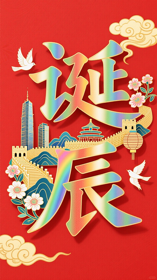 字体设计，“诞辰”字笔画进行解构用元素拼接而成，文字笔画填充建筑（长城、山脉、故宫、天坛、高楼大厦等）、鲜花、灯笼，白鸽点缀，光影交织，边缘环绕着金色的祥云，红色背景