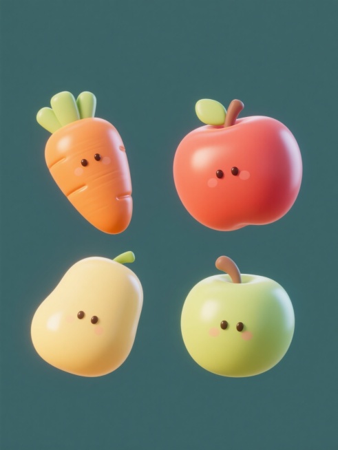 一组四个不同水果的3D卡通图标，保持圆润可爱的造型风格，每个水果有独特的纯色背景和整体色彩，元素类目相同，规整排布，高光柔和，阴影轻微，表面光滑有光泽，类似胡萝卜图标的立体感和简洁设计。预览效果