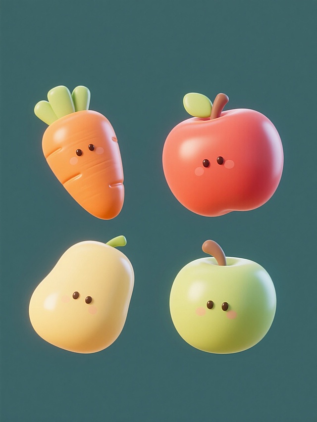 一组四个不同水果的3D卡通图标，保持圆润可爱的造型风格，每个水果有独特的纯色背景和整体色彩，元素类目相同，规整排布，高光柔和，阴影轻微，表面光滑有光泽，类似胡萝卜图标的立体感和简洁设计。