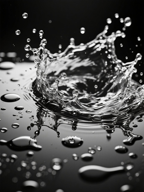 黑色背景上，以写实风格呈现的动态水花，水花形态变换为大小不一、样式多样的水渍效果，包含飞溅的水流、水滴、气泡，以及扩散状、滴落状、浸染状等多种水渍样式，保留高对比度的黑白视觉效果，强调水的透明质感与光影折射，水花与水渍在画面中呈现自然的流动感和层次感，主体突出且细节丰富，整体构图具有动态张力。预览效果