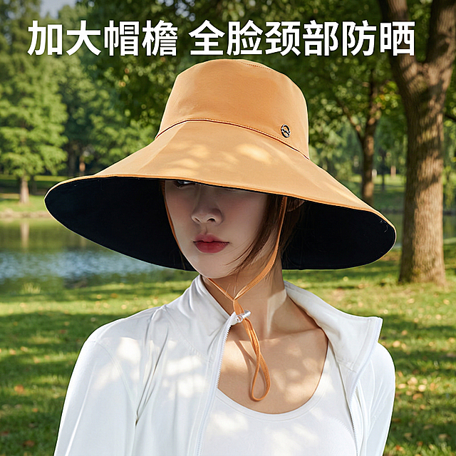 保持原图中暖橙色防晒帽和模特、服装的样子不变，将背景替换为户外自然场景：包含绿色草地、树木、平静水面，阳光透过树叶洒下斑驳光影，整体氛围清新自然，突出夏日防晒的场景感。产品帽子版型立体挺括，保持帽子和模特细节不变，风格统一为户外清新摄影风。画面左上角添加文字"加大帽檐 全脸颈部防晒"，字体为白色无衬线粗体，不要遮挡帽子和模特面部。
