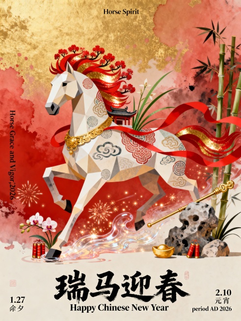 纯扁平风格，平面插画，海报设计，高级排版艺术，新中式扁平商业插画，马年春节主题，国潮美学，几何工笔精准勾勒奔马轮廓，宋式意境与春节喜庆融合。
骏马主体，鬃毛采用红梅造型，毛发呈金红流光质感，马身布满吉预览效果