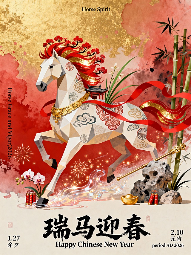 纯扁平风格，平面插画，海报设计，高级排版艺术，新中式扁平商业插画，马年春节主题，国潮美学，几何工笔精准勾勒奔马轮廓，宋式意境与春节喜庆融合。
骏马主体，鬃毛采用红梅造型，毛发呈金红流光质感，马身布满吉祥回纹与祥云纹，细长兰草与红绸带缠绕马身。

马蹄踏过绽放兰花与爆竹，太湖石与元宝轮廓融合，中式建筑飞檐化作马颈金饰，竹子变形为鎏金如意马鞭。背景为高饱和红金弥散渐变，叠加水墨晕染与微噪点肌理，透明流体模拟奔跑带起的烟花光粒，超现实动态感拉满。
文字排版：上方居中小字“Horse Spirit”，左侧竖排“Horse Grace and Vigor,2026”，下方居中大标题“瑞马迎春”（书法体）与“Happy Chinese New Year ”，角落标注春节日期“1.27”（除夕）、“2.10”（元宵）及“period AD 2026”。