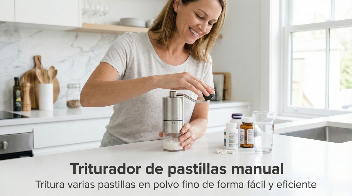 以图中的手动药片研磨器为元素,欧美女人使用手动药片研磨器,可轻松高效地将多片药片研磨成细粉,设计6张跟手动药片研磨器有关的图,物体主体特征不变,西班牙语,比例 「16:9」预览效果
